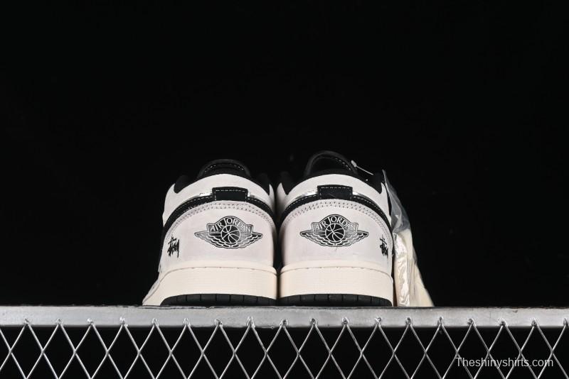 Nike Air Jordan 1 Low Stussy Collaboration - Silver Trim Black Swoosh Retro Basketball Shoes - SJ9950-026