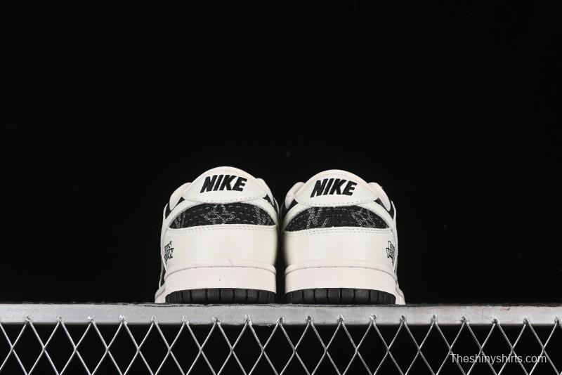 Nike SB Dunk Low LV Collaboration - Beige Black Printed Denim Anniversary High-End Custom Low-Top Casual Skate Shoes - XB3802-357