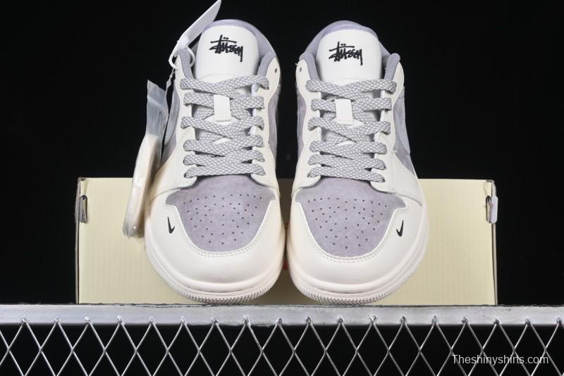 Nike Air Jordan 1 Low Stussy Collaboration - Retro Basketball Shoes in Light Grey - SJ9950-044