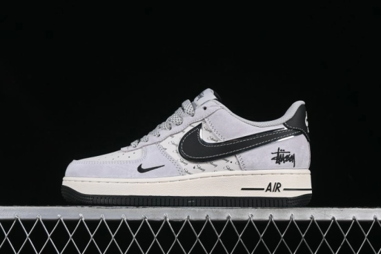 Nike Air Force 1 '07 Low Stussy Collaboration Silver Trim Black Swoosh Low-Top Casual Sneakers - XZ6188-912