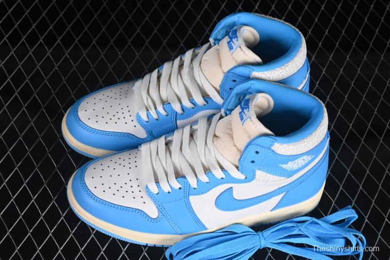 Nike Air Jordan 1 High OG "UNC Reimagined" Retro Basketball Shoes with Cracked Leather and Vintage Midsole - DZ5485-402