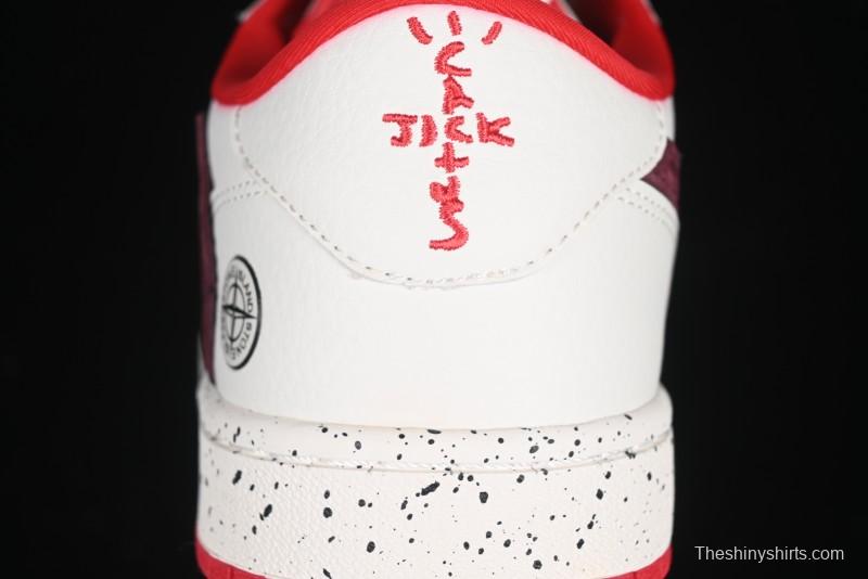 Nike Travis Scott x Fragment Design x Air Jordan 1 Low OG SP AJ1 Stone Island Collaboration Pomegranate Red Low-Top Casual Sneakers - CF3688-077