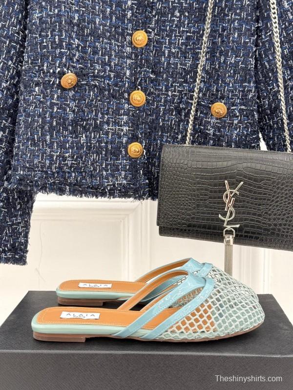 2025 Women AlAIA Light Blue White Leather Mesh Flat Slippers