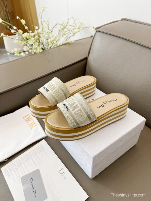 2025 Women Dior White Beige Canvas Platform Slippers