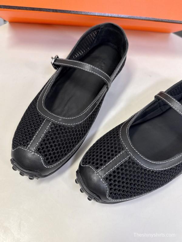 2025 Women Hermès Black Mesh Leather Mary Jane Shoes