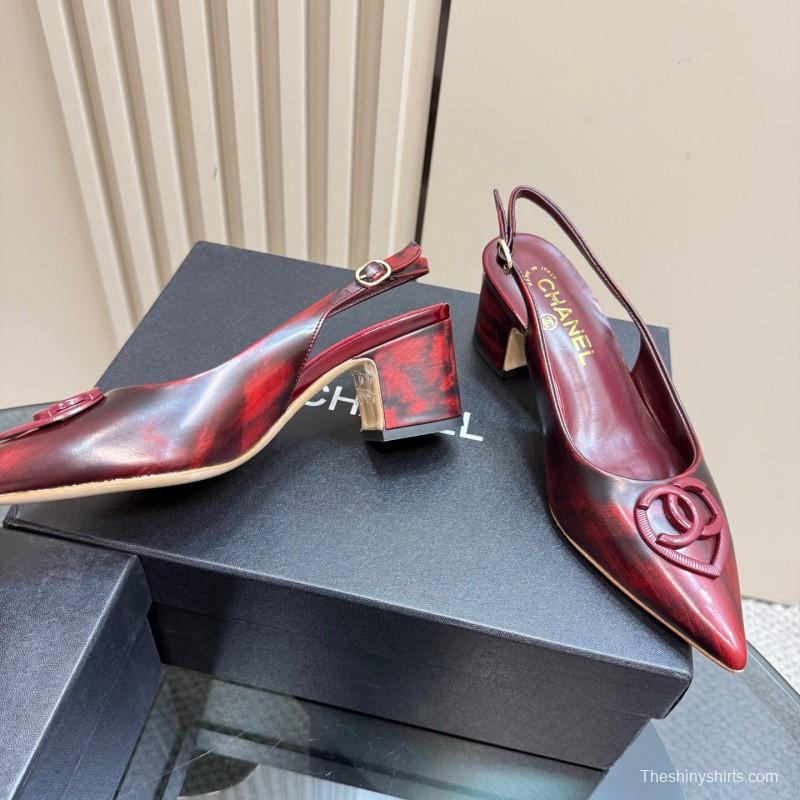 2025 Women Chanel Burgundy Leather Slingback Heels KFY00290