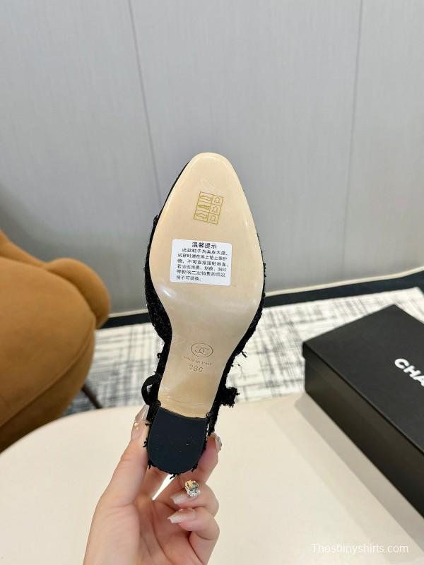 2025 Women Chanel Black Fabric Leather Slingback Heels