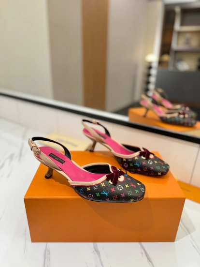 2025 Women Louis Vuitton Multicolor Black Leather Slingback Kitten Heel KFY00310