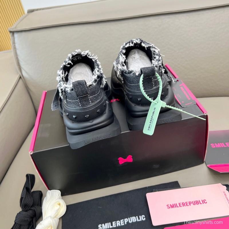 2025 Women SmileRepublic Black Tweed Leather Canvas Chunky Sneakers LY00291