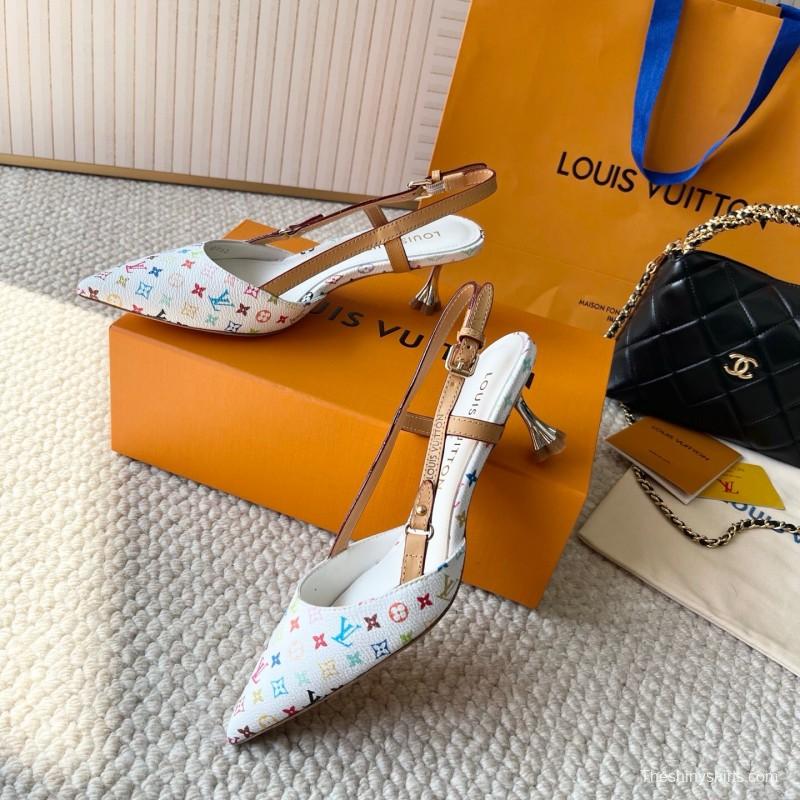 2025 Women Louis Vuitton White Multicolor Leather Slingback Pumps