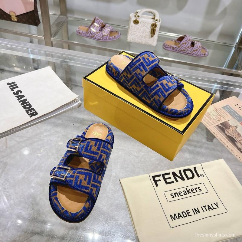 2025 Slippers Fendi Blue Brown Jacquard Buckle KFY00250