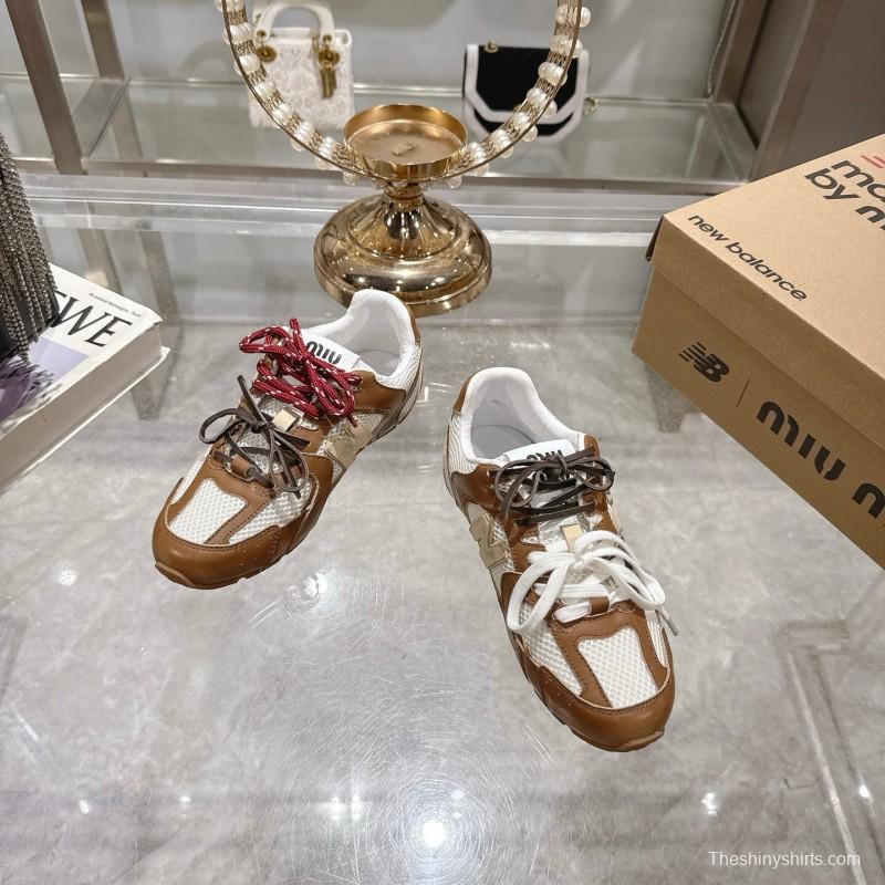 2025 Women Miumiu Brown White Leather Mesh Sneakers