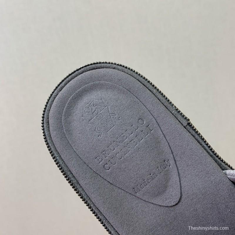 2025 Women BRUNELLO CUCINELLI Grey Suede Platform Slide Sandals Elegant Craftsmanship LY00360(F)