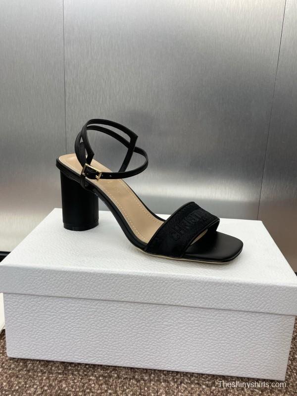 2025 Women Dior Black Leather Fabric Sandals