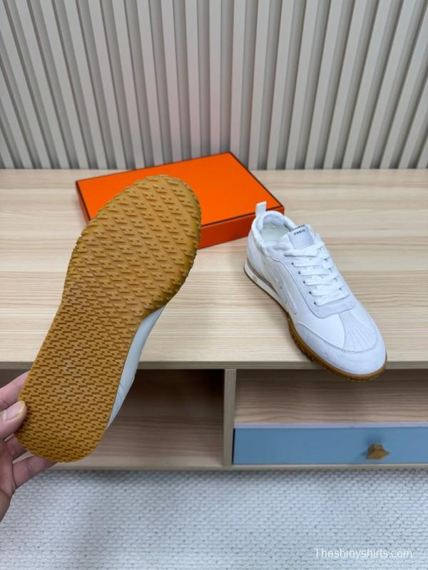 2025 Unisex Hermès White Suede Down Fabric Sneakers Top Version LY00310