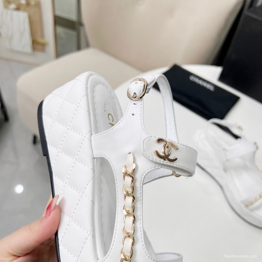 2025 Women Chanel White Leather Sandals Chain LY00260