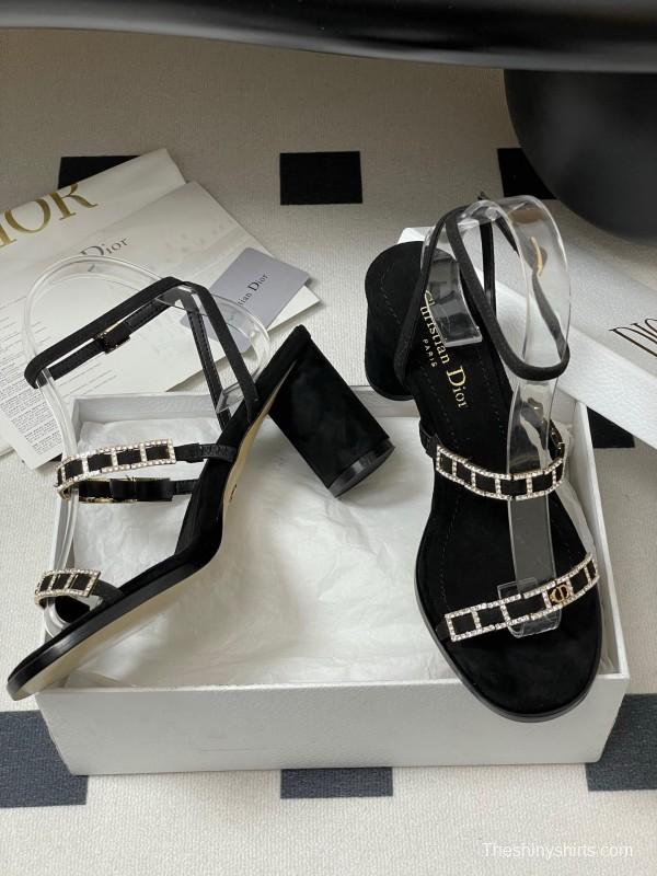 2025 Women Dior Black Suede Crystal Embellished Strap Sandals