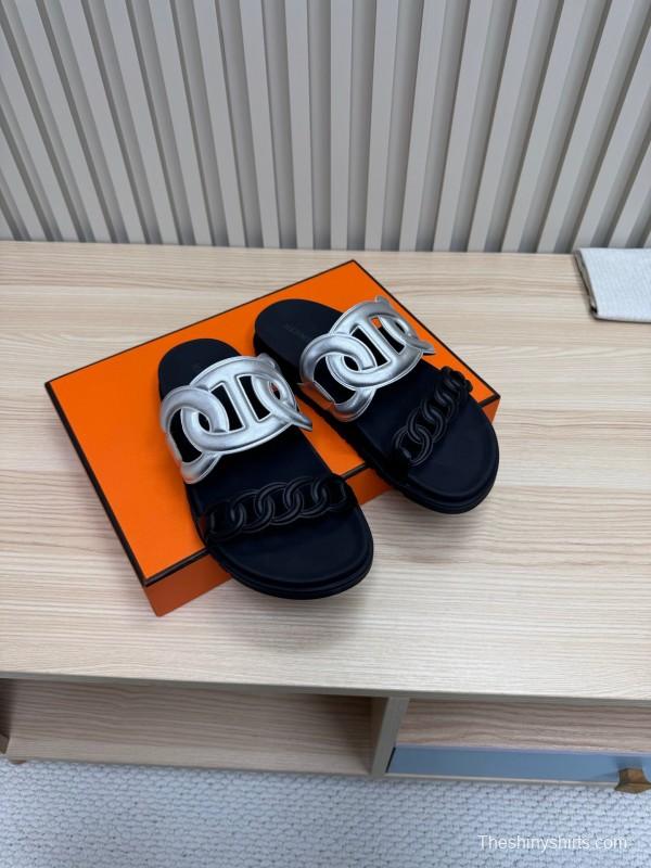 2025 Slippers Hermès Silver Black Leather Chain Decoration