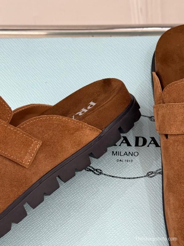 2025 Women Prada Brown Suede Slippers KFY00280