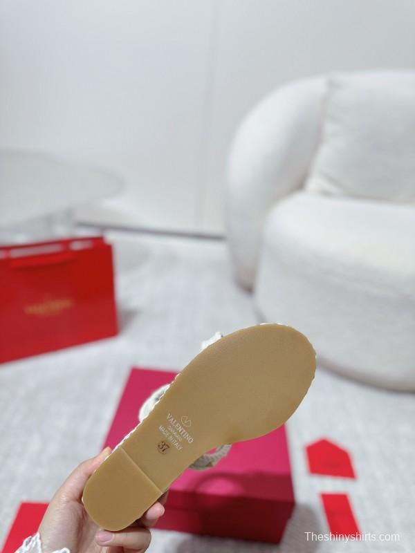 2025 Women Valentino White Leather Wedge Sandals Studs LY00290