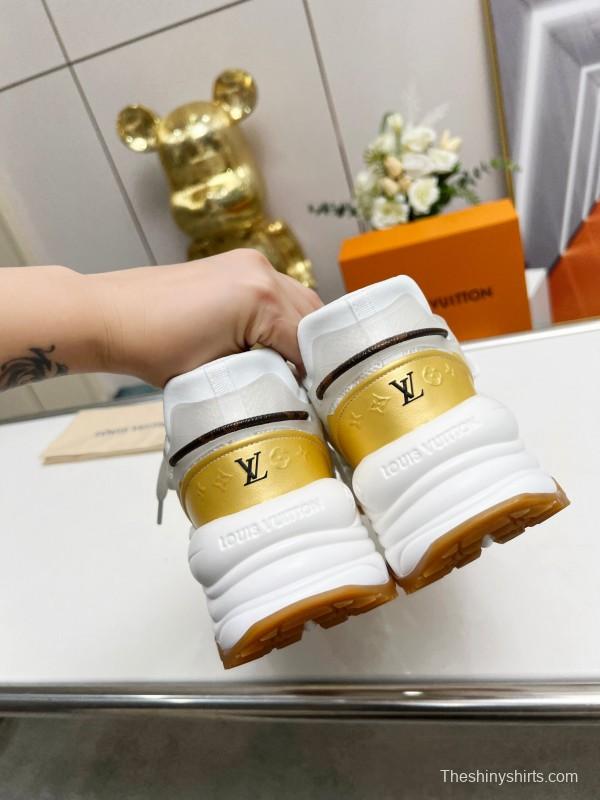 2025 Women Louis Vuitton White Gold Mesh Leather Sneakers LY00340