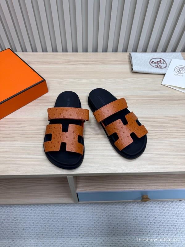 2025 Women Hermès Brown Black Leather Slippers