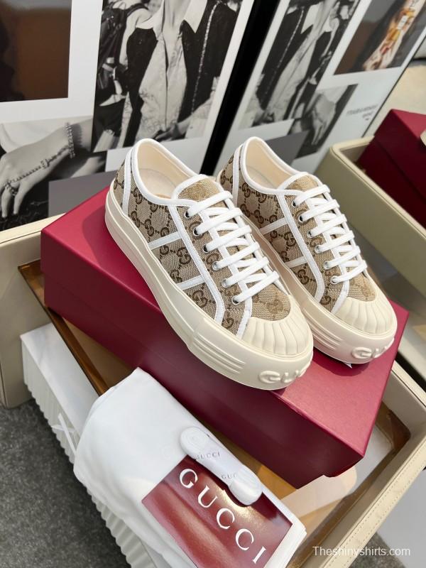2025 Women Gucci Beige Brown Canvas Platform Sneakers LY00270