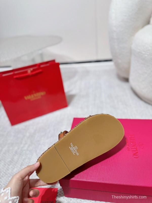 2025 Women Valentino Brown Leather Sandals Rope Braided LY00250
