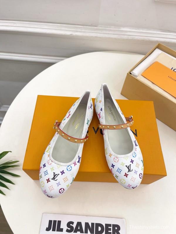 2025 Women Louis Vuitton White Multicolor Canvas Ballet Flat MJ00300
