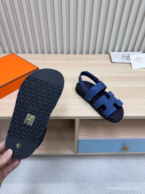 2025 Women Hermès Navy Suede Leather Sandals