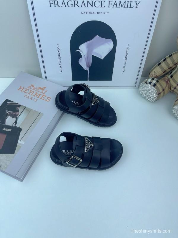 2025 Kids PRADA Black White Leather Sandals