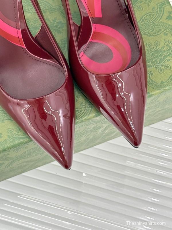 2025 Women Gucci Burgundy Patent Leather Slingback Chain High Heel KFY00300