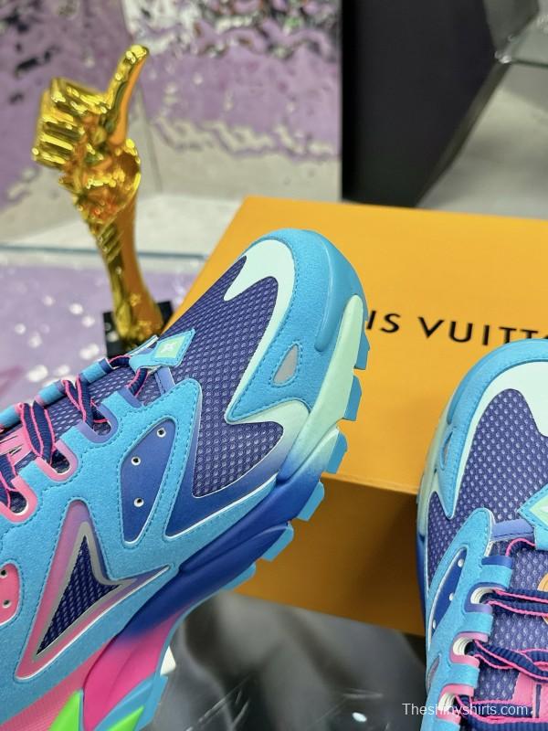 2025 Men Louis Vuitton Blue Pink Green Mesh Leather Sneakers MJ00420
