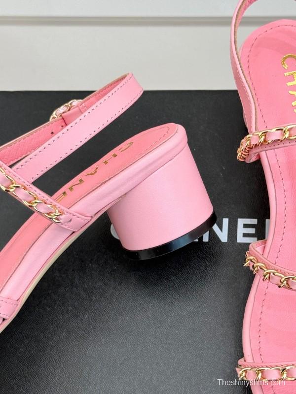 2025 Women Chanel Pink Leather Chain Strap Sandals