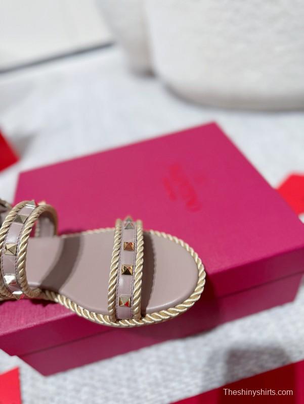 2025 Women Valentino Beige Leather Rope Espadrille Sandals LY00250