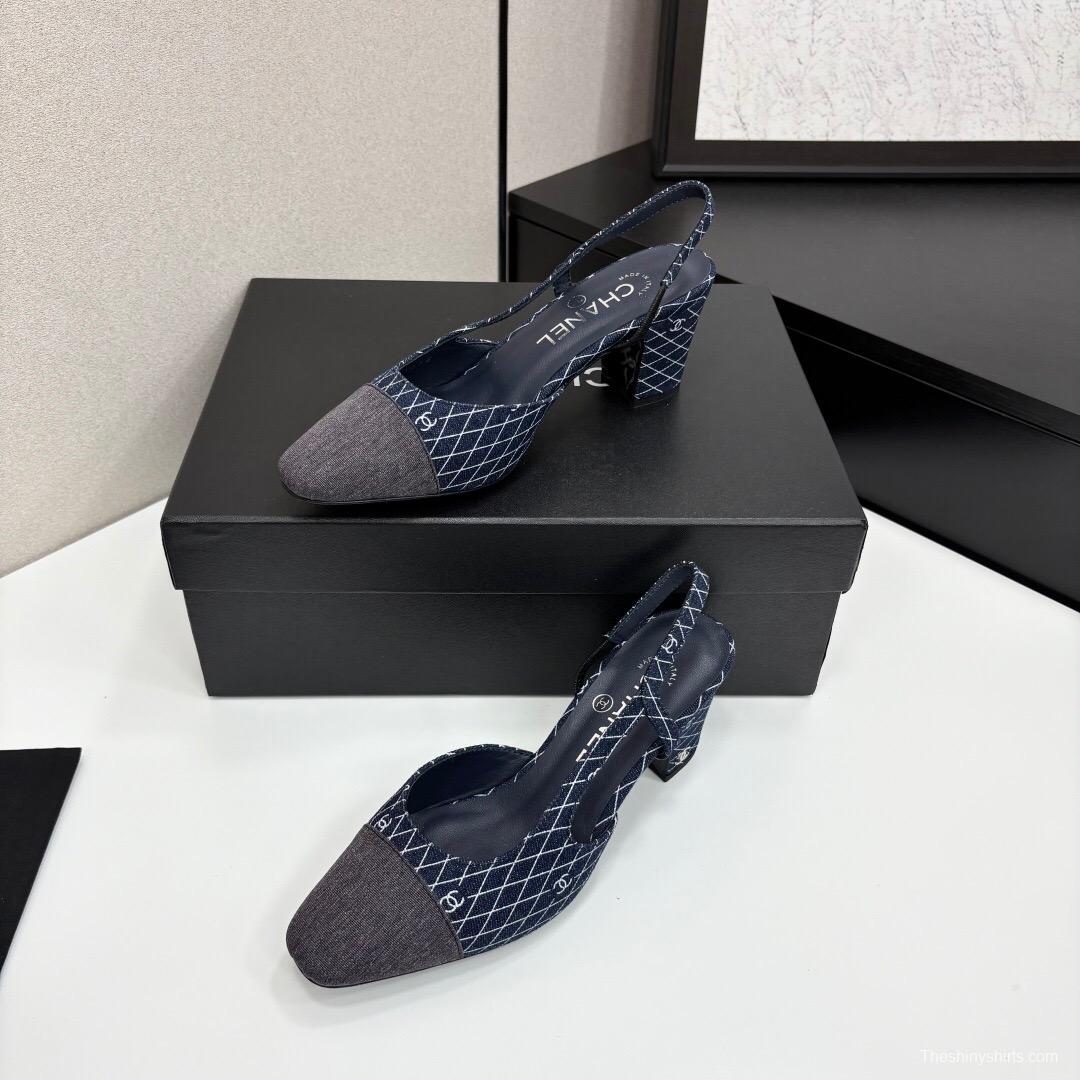 2025 Women Chanel Blue Grey Denim Leather Slingback LY00240