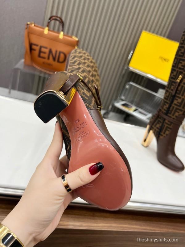 FENDI Delfina Round Toe Boots with FF Buckle and Heel Detailing - LY00