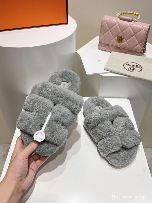H Love Erjiu Full Wool Slippers with Wavy Fur Design - LY00270
