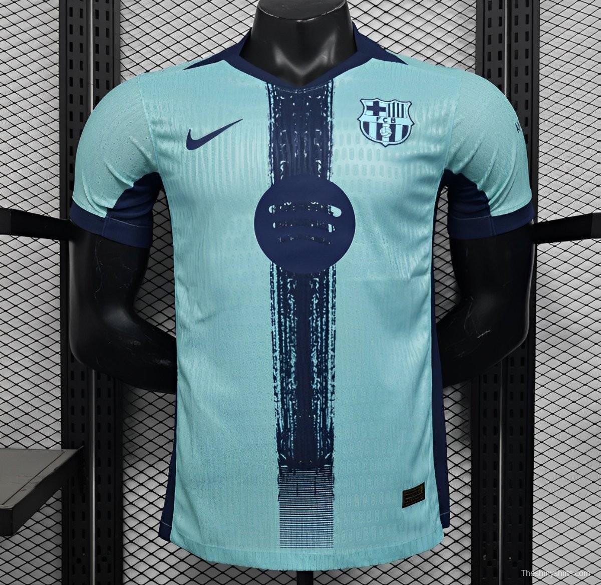 Player Version 25/26 Barcelona Blue 125Th Anniversary Mint Green Jersey with Navy Blue Stripe and Spotify Sponsor